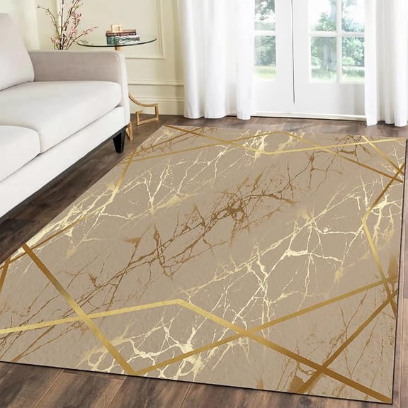 Gold Stripes Area Rug, Abstract Yellow Marble Texture Rug, Machine Washable Rugs Living Room Bedroom Soft Low Pile Rug Non Slip Floor Decor Study Carpet 3 x 4ft