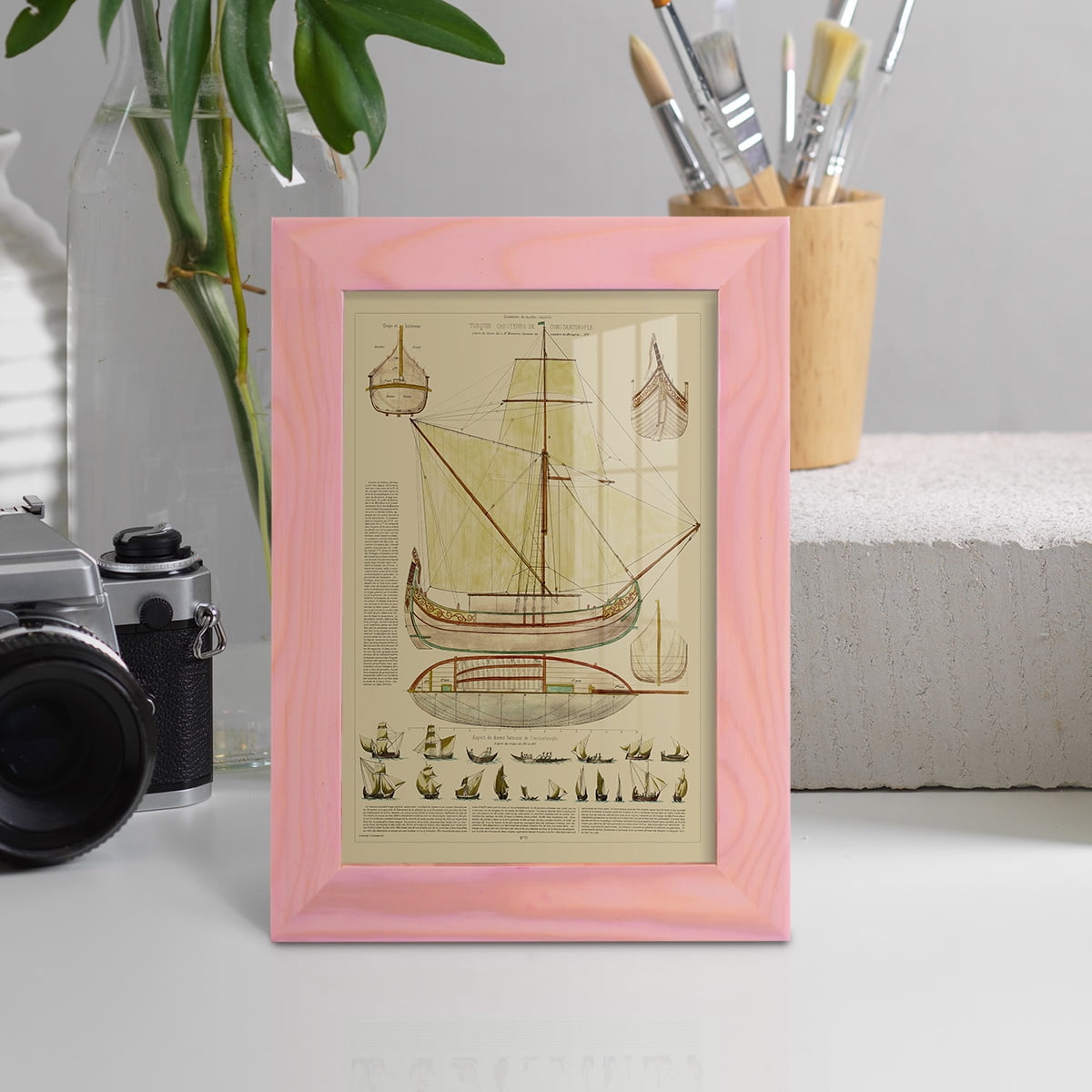 Antique Ship Plan I -Framed Print w/glass-Sunset Pink