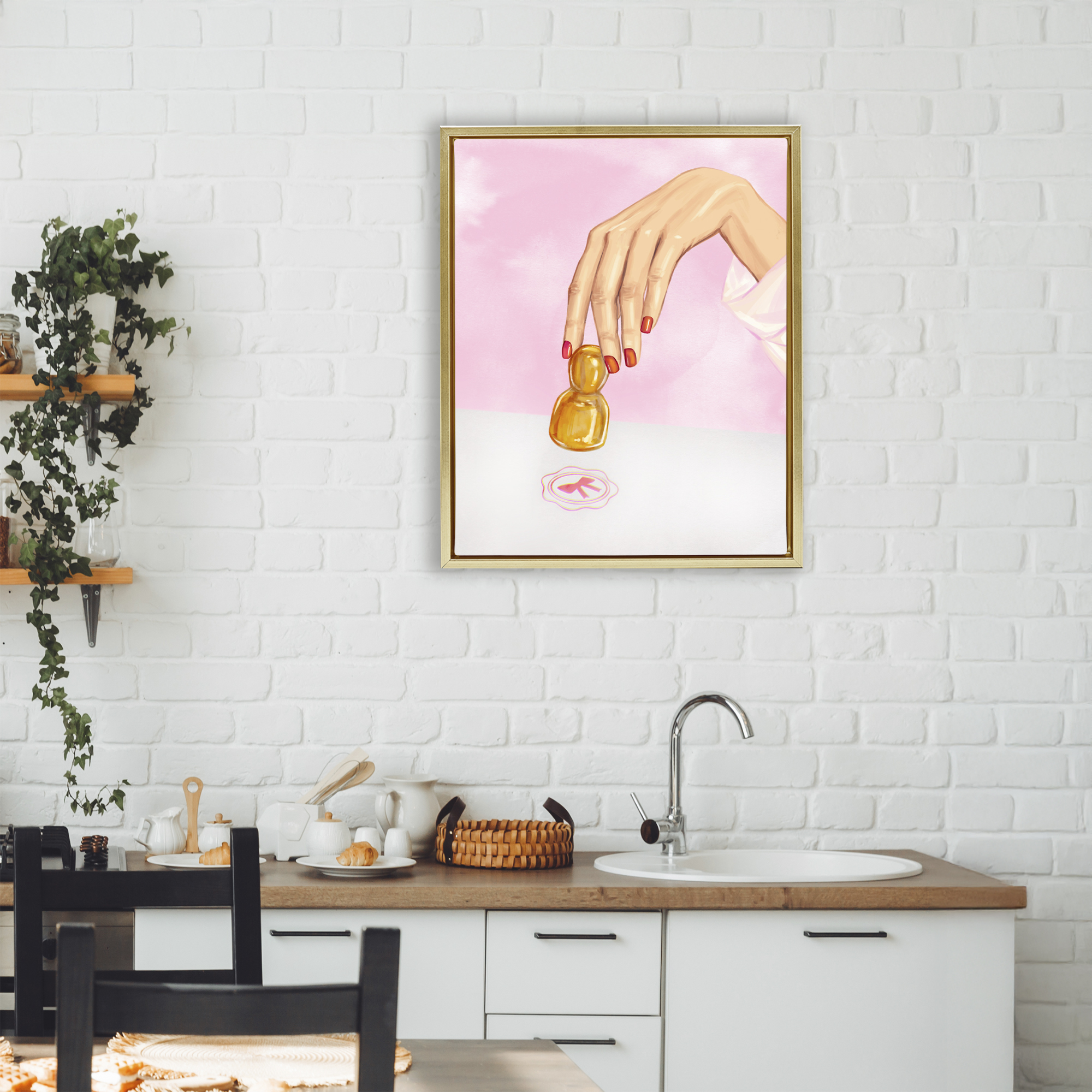 Pink Bow Fashion Stamper Gold Framed Floater Canvas Wall Art, design by Ziwei Li