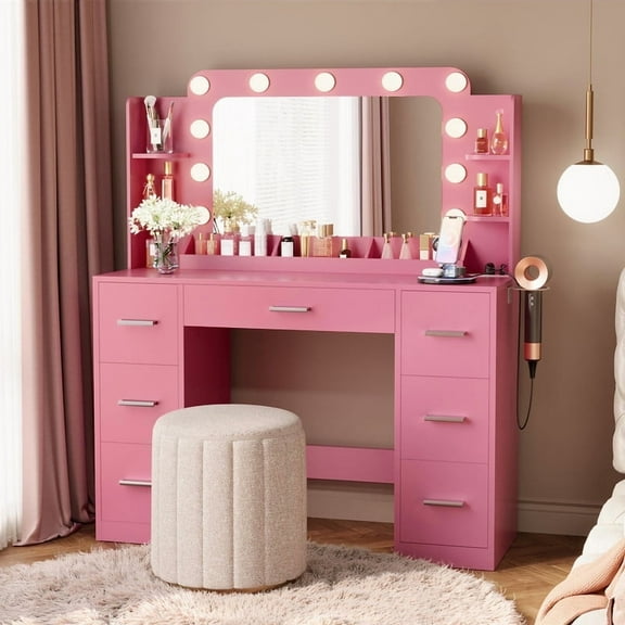 Furmax Vanity Set with Large Mirror & Adjustable Lights, Makeup Vanity Table with 7 Drawers & Open Shelves Vanity Desk for Bedroom, Pink