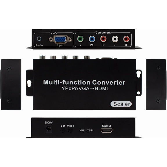 YPbPr/VGA to HDMI Converter with Audio, 5 RCA Component/VGA to HDMI Adapter, Supports 1080P Scaler, Compatible with PC, Laptop, DVD, PSP, Xbox to HDMI Monitor/Projector