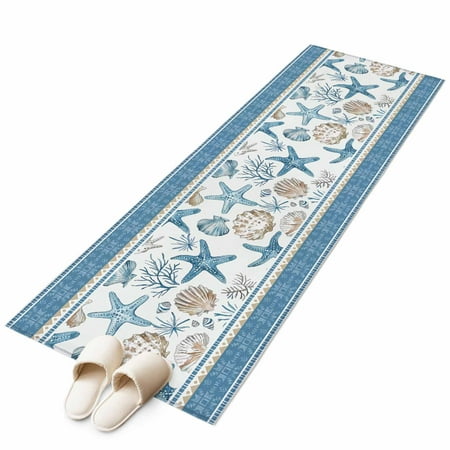 Blue Coastal Nautical Runner Rug 2x6 FT Non Slip Hallway Carpet Summer Beach Starfish Shell Coral Washable Soft Floor Carpet Throw Runner Carpet Long Rug for Entryway Kitchen Bedside Sliding Door