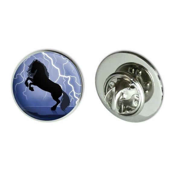 Black Friesian Horse Rearing Up in Storm Metal 0.75" Lapel Hat Pin Tie Tack Pinback