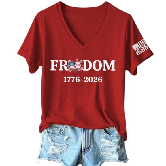 CUSTG T-Shirts Fashionable Casual Independence Day Printed Short Sleeved V-Neck T Shirt Tops For Women 1776-2026 Celebrate America's 250th Anniversary Fashionable Streetwear