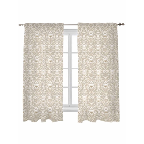 Beige Damask Curtains 72 Inch Length, Sheer Curtains for Bedroom Living Room Window Vintage Country Scroll Floral Patterned Rod Pocket Voile Drapes Kitchen Curtains Small Half Window 52"x72" 2 Panels