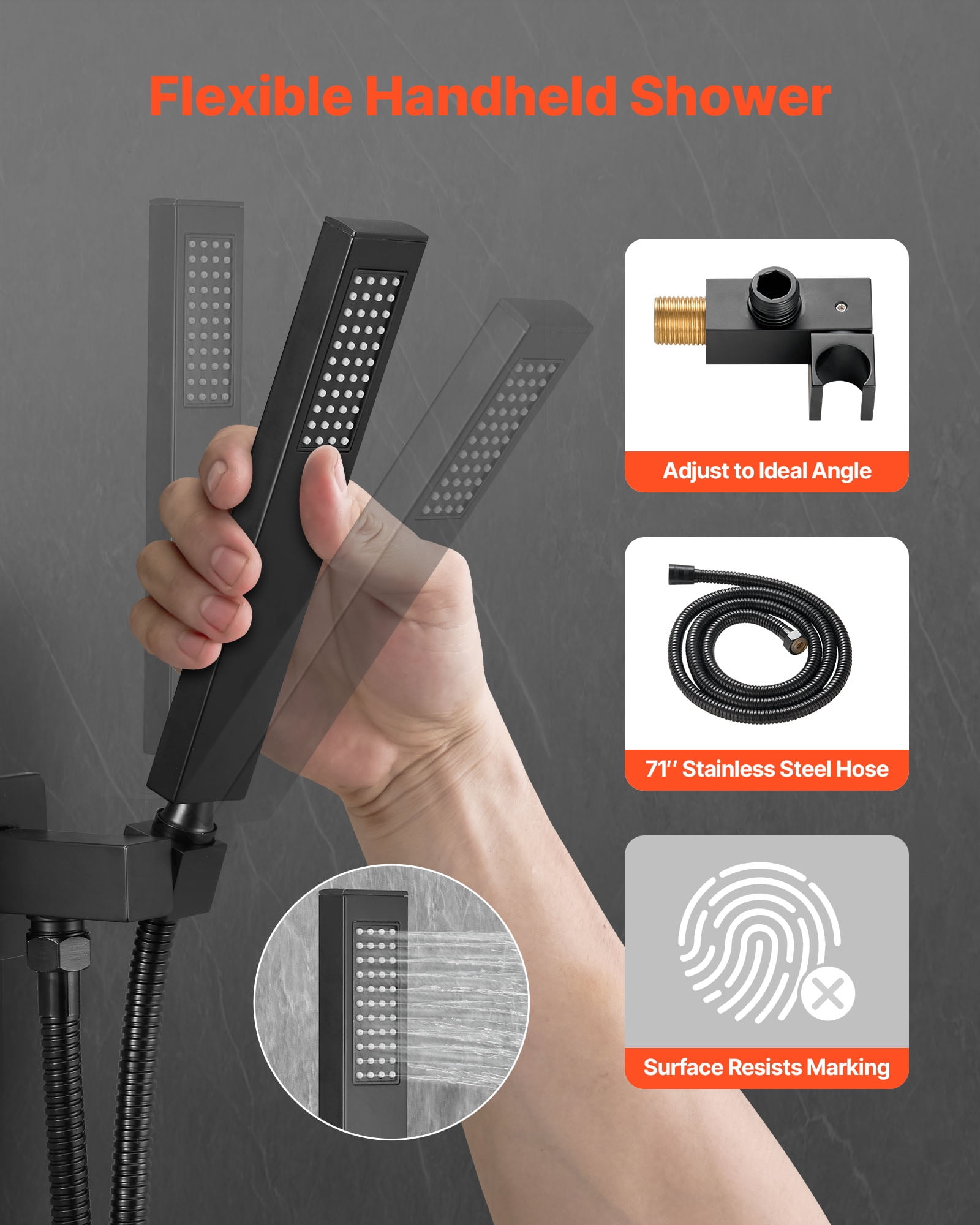 VEVOR Shower Faucet Set, Rainfall Bathroom Shower System with 12-Inch Square Rain Shower Head and Handheld Spray, Wall Mounted Bath Fixtures with Brass Valve and Trim Kit, Matte Black