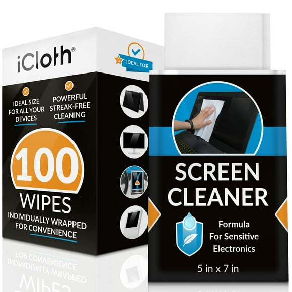 iCloth Lingettes de Nettoyage Grand Écran pour Électronique, Sans Peluches et Sans Traces, Séchage Rapide, Élimine la Poussière, les Empreintes Digitales et les Bavures (100 Lingettes)