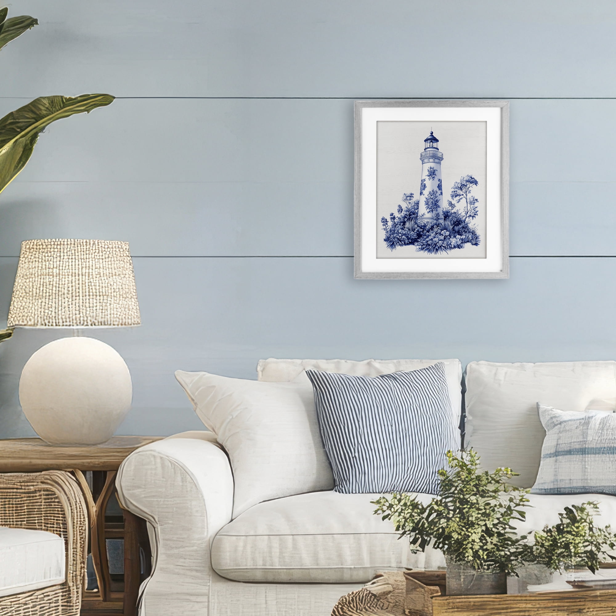 Toile Patterned Lighthouse Gray Framed Print Under Glass, design by Lettered and Lined