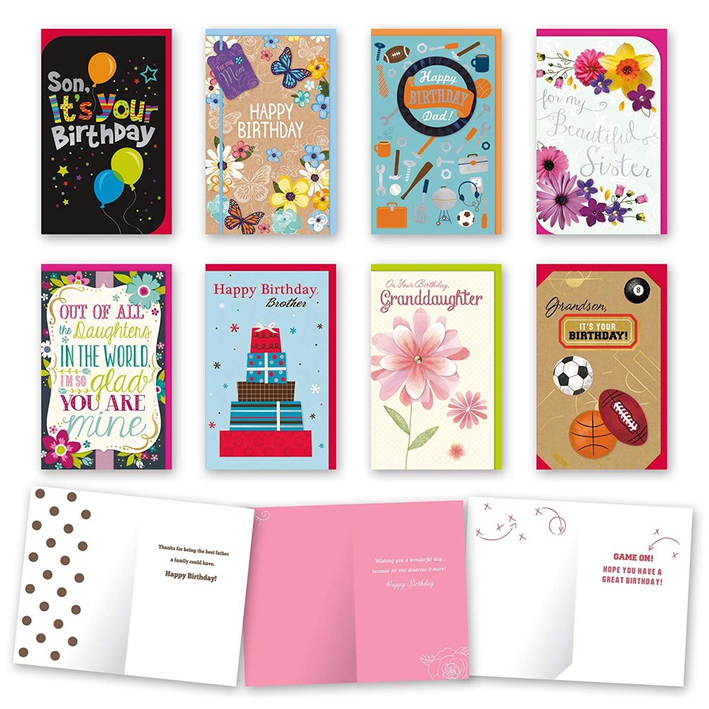 Assorted Family Birthday Cards Bulk Card Set of 8 Cards with Envelopes