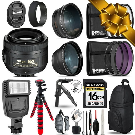 Nikon AFS 35mm 1.8 -3 Lens Kit + Slave Flash + Tripod - 16GB Accessory Bundle