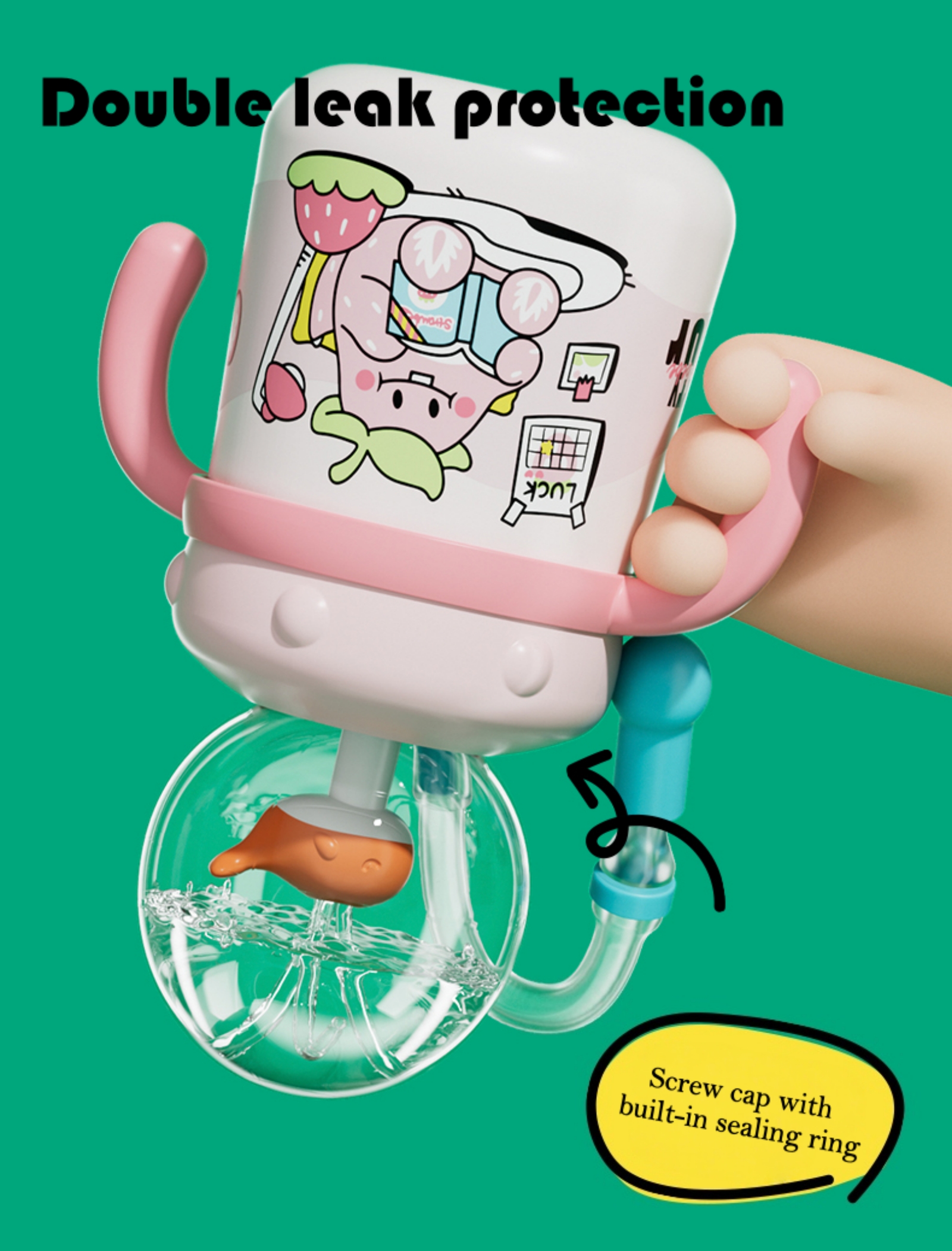 ST SoleMe.Tc Stainless Steel Whale Fountain Tumbler Sippy Cup with Straw, 11oz/330ml 360 Squirting, Spill Proof Weighted Water Bottle with Handles Adjustable Strap for Toddlers, Pink