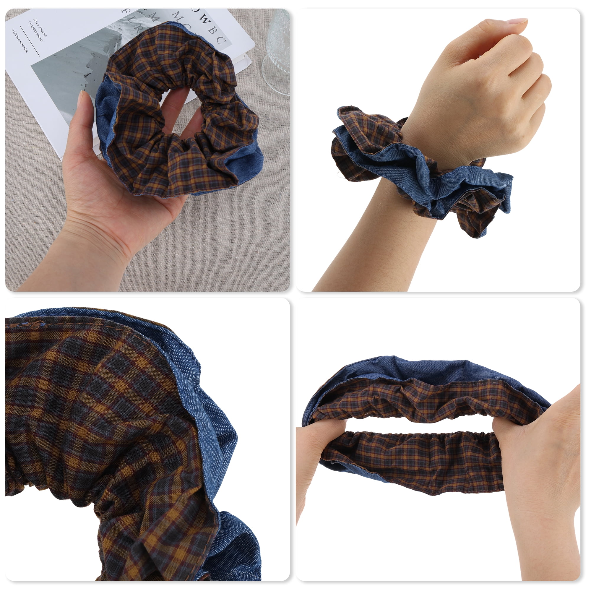 Unique Bargains Fashionable Denim Hair Ties All Occasions 1 Pc Blue, Brown Plaid
