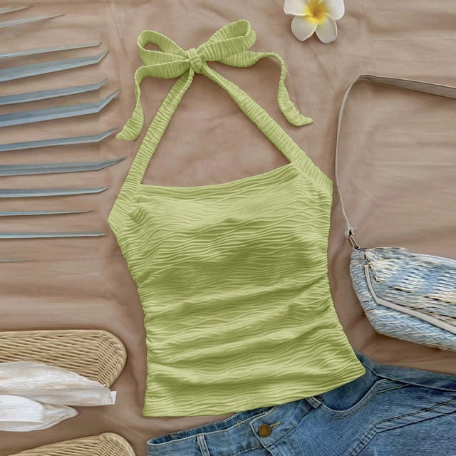 Ounisa Women's Y2k Halter Tops Open Back Ruched Striped Tie Back Sleeveless Summer Going Out Cami Tops