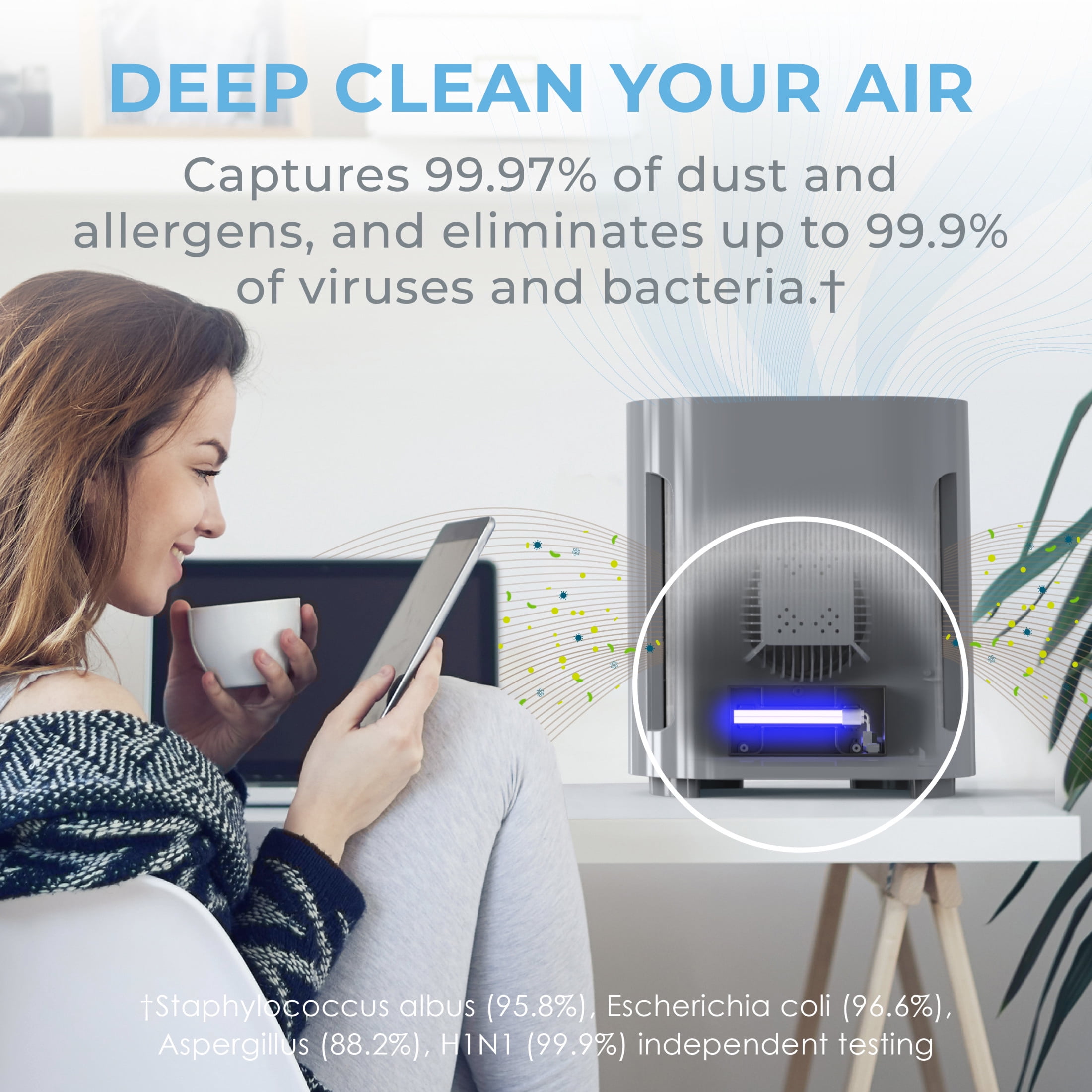 Pure Enrichment PureZone Air Purifier for Bedroom & Living Room, 4-Stage Filtration & UV-C Light, H13 HEPA Filter Helps Pet Hair Dander, Allergens, Smoke, Dust (Gray)