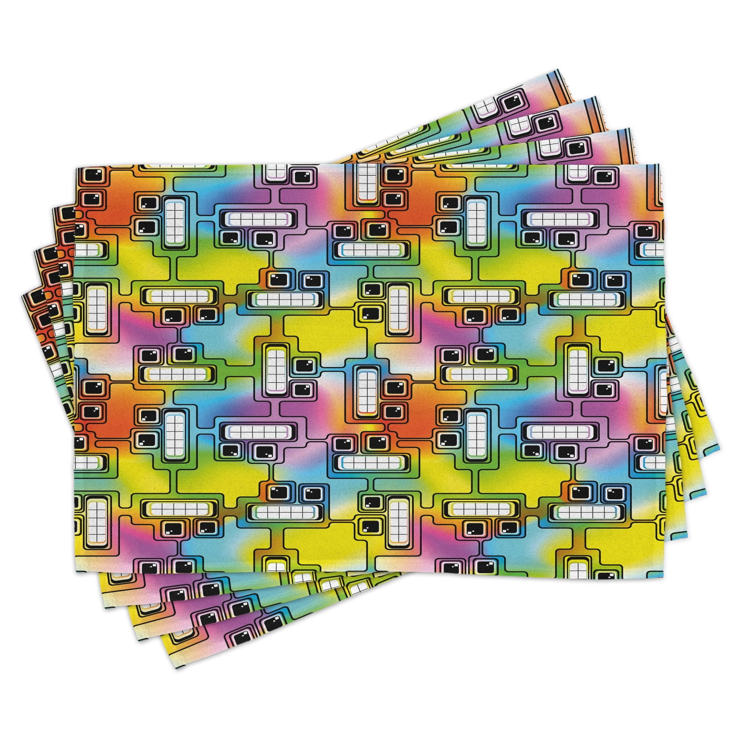 Colorful Placemats Set of 4 Hippie Digital Fun Characters with Eyes and