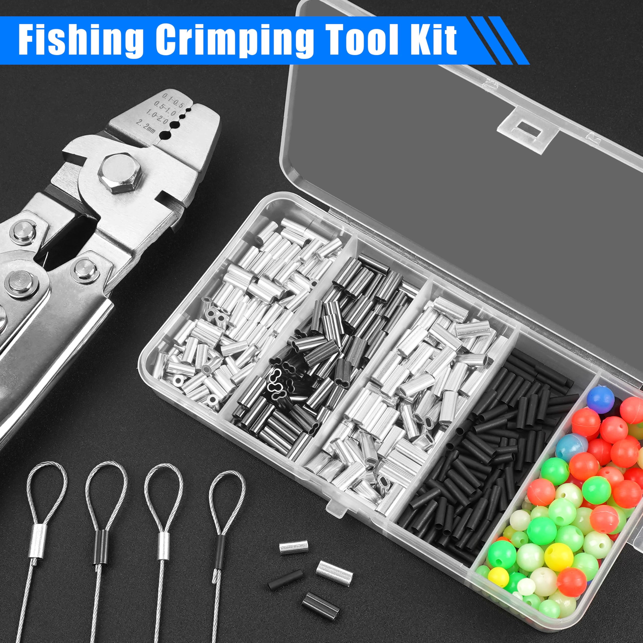 Wire Rope Crimping Tool with Cutter + 500pcs Crimp Sleeves Set Effort-Saving Fishing Crimping Pliers Stainless Steel Fishing Wire Crimper Tool, 4 Size Crimp Sleeves Fishing Tackle Pliers