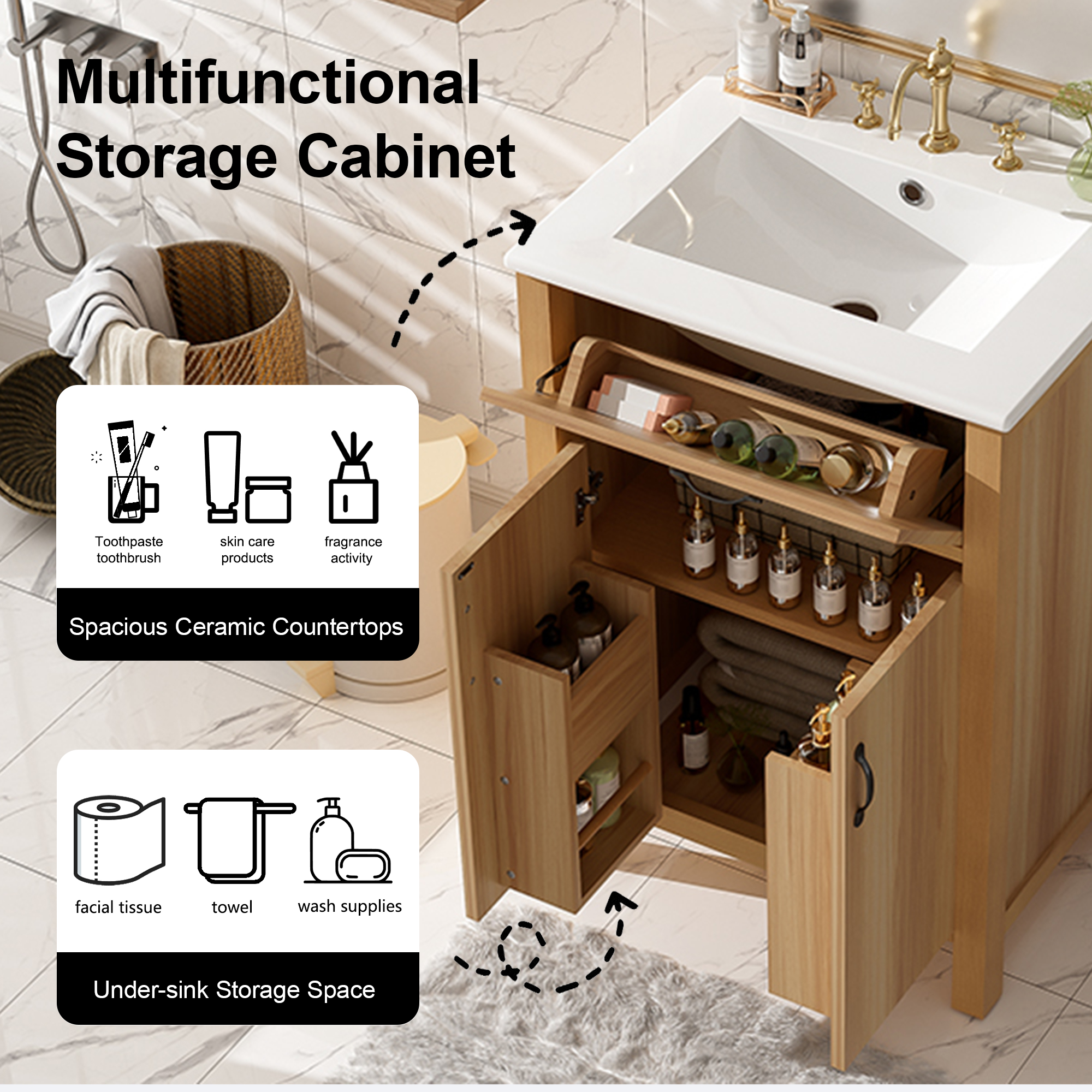 24" Bathroom Vanity with Solid Wood Frame, Flip Drawer, 2 Soft-Close Doors with Door Storage, Adjustable Shelf, and Modern Sink Cabinet
