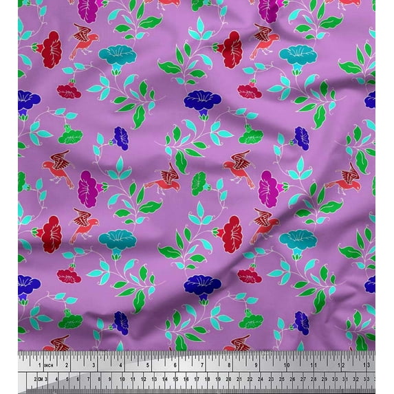 Soimoi Polyester Crepe Fabric Leaves,Bird & Floral Artistic Decor Fabric Printed Yard 42 Inch Wide