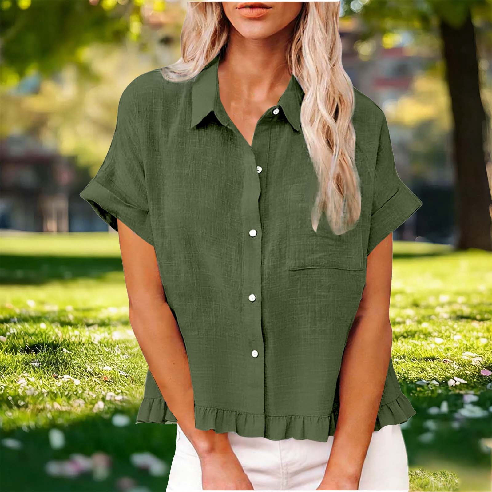 Summer Tops for Women 2026 Fashion Spring Clothing Fabric Solid Color Front Pocket Hem Fringe Short Sleeve Flared Collar Top