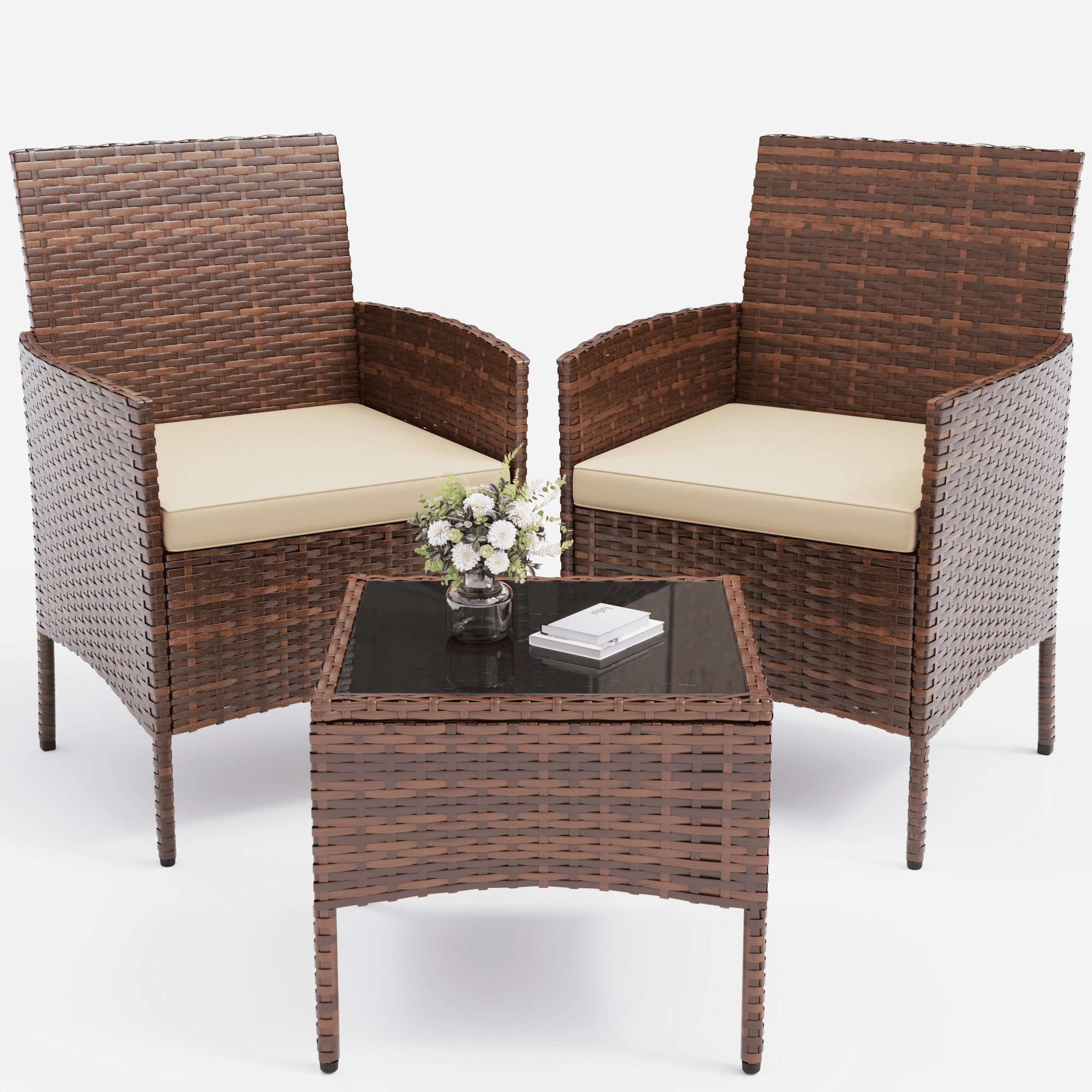 ELPOSUN 3 Piece Patio Conversation Bistro Set Outdoor Furniture Set, Porch Balcony Furniture Set,Wicker Chairs and Coffee Table Set for Patio Balcony Backyard Apartment, Beige