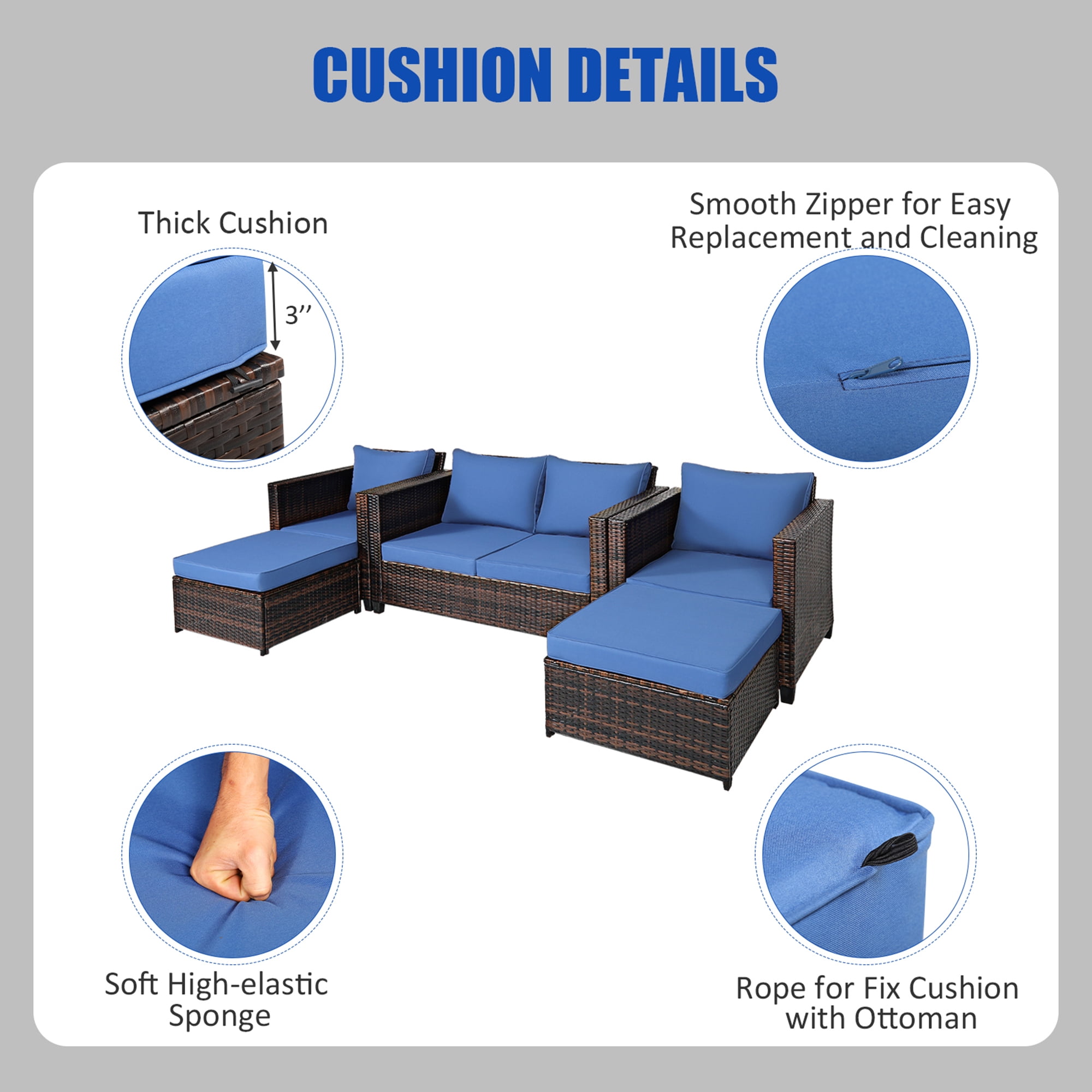 Gymax 5PCS Outdoor Patio Rattan Conversation Sofa Furniture Set w/ Navy Cushions