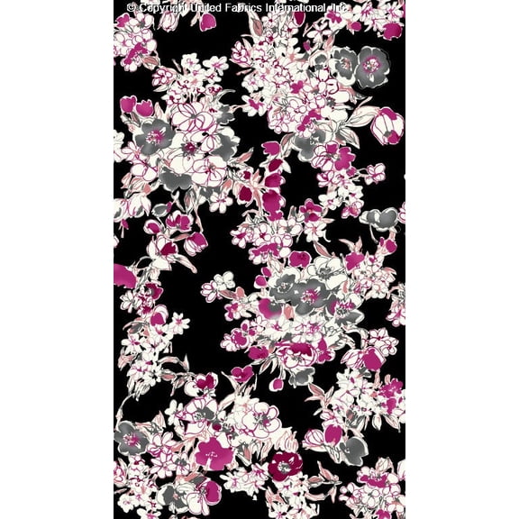 Challis Rayon Printed Shelly, Floral Peonies Dress Sewing Fabric (BLACK/BERRY/GREY, ByYard)