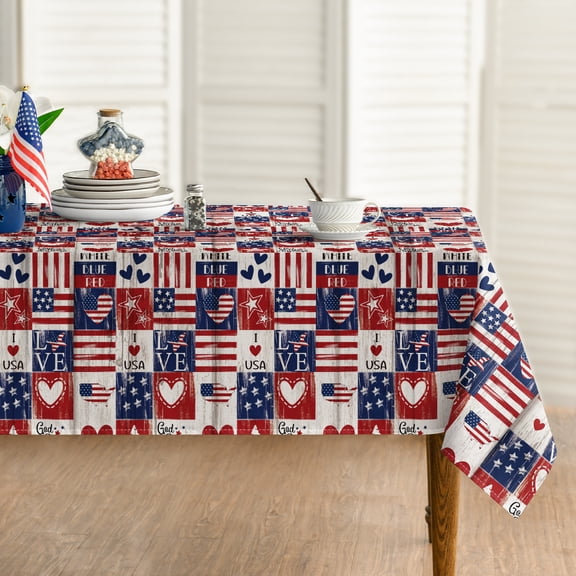 Sm:)e God Bless America Love Heart Star Flag Puzzle Fourth of July Tablecloth 60x84 Inch, Patriotic 250th Anniversary Table Cover