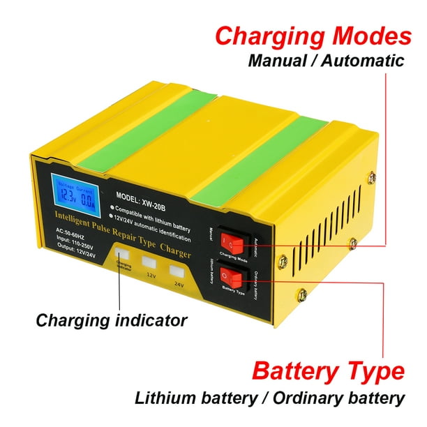 Chargeur de Batterie de Voiture Entièrement Automatique / Manuel Réglable  Intelligent 110-250V 12/24V 10A Réparation d'Impulsions pour Toutes les  Batteries de Véhicule 