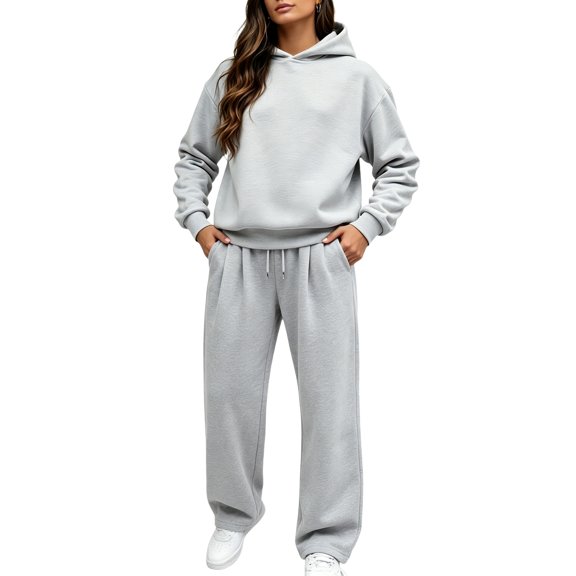 Dwelliawo Womens Hoodie Sweatsuit 2 Piece Solid Color Casual Hoodie Joggers Running Pant Set Relaxed Fit Fall Suits with Pockets Gray 2XL