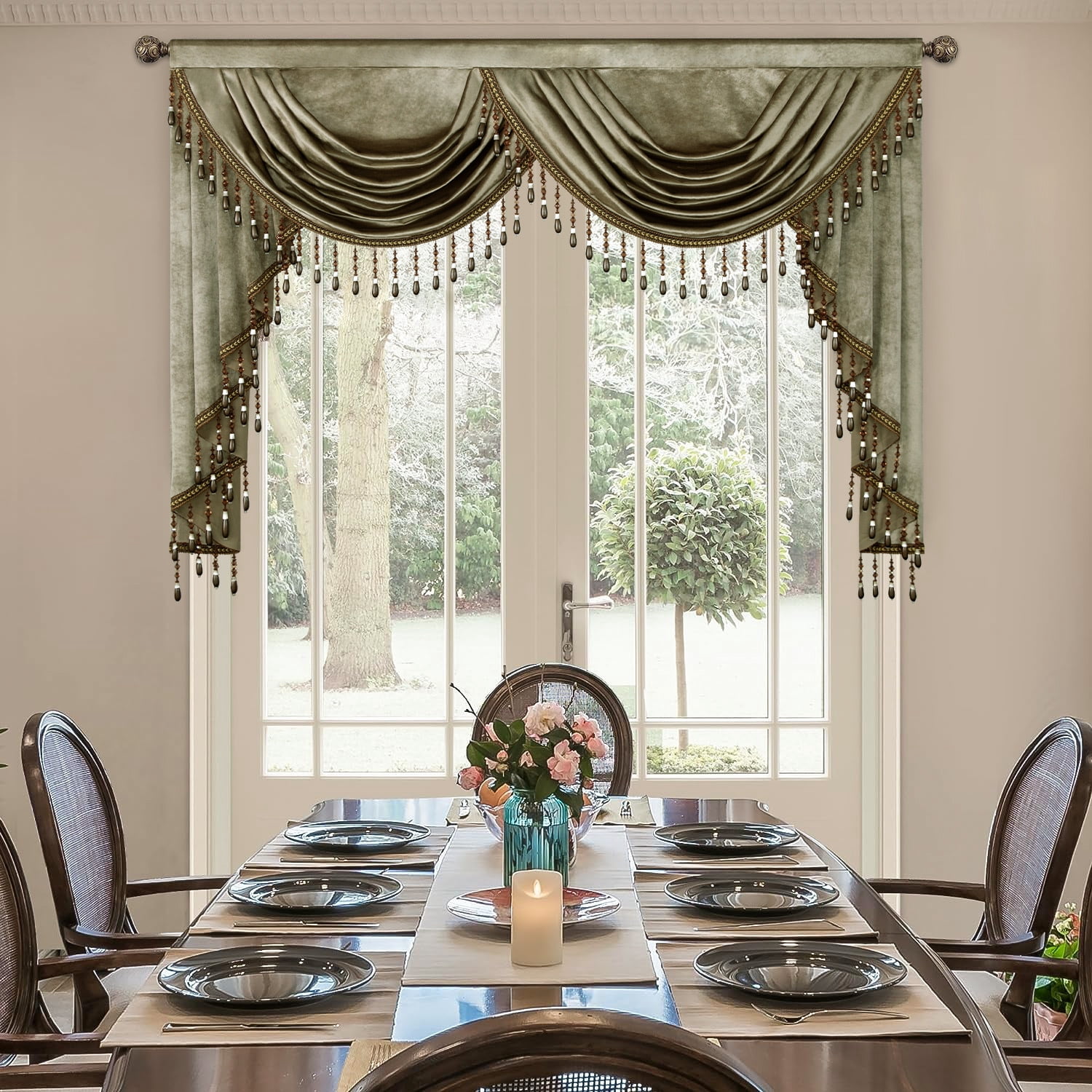 VOGOL Vintage Style Waterfall Valance Curtains, Velvet Window Treatment with Tassels, Light Filtering Decorative Drapes for Living Room, 59 inches Wide, Brown