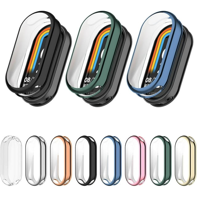 KOMI 3 Pack Compatible with Mi Band 8 Screen Protector Case, 3D Curved Soft TPU Protective Film Cover Full Coverage HD Anti-Scratch Guard Bumper Frame Black+Green+Blue