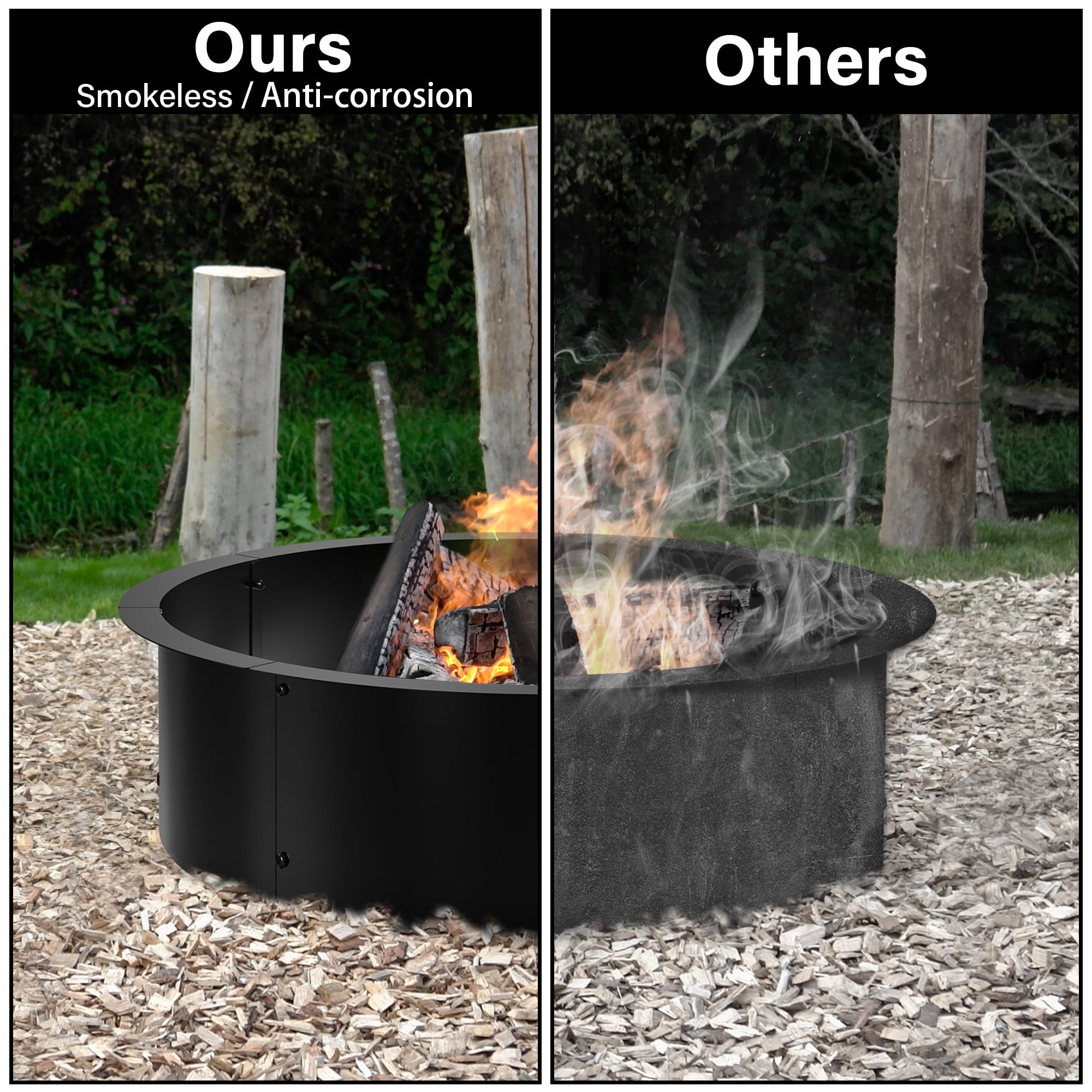 Fire Pit Ring for DIY Smokeless Wood Burning Fire Pit Liner with Collar Support, 3mm Thick Heavy Duty Solid Steel Firepit Rim In-Ground Bonfire Outdoor Camping Cooking Patio Backyard, 39" Black
