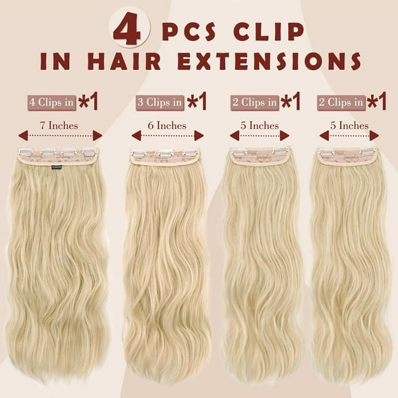 FGERFE-Clip in Hair Extensions for Women - 4 Pcs Thick Double Weft Long Wavy Soft Synthetic Blends Well Hair Extension, 20 inch Platinum Blonde