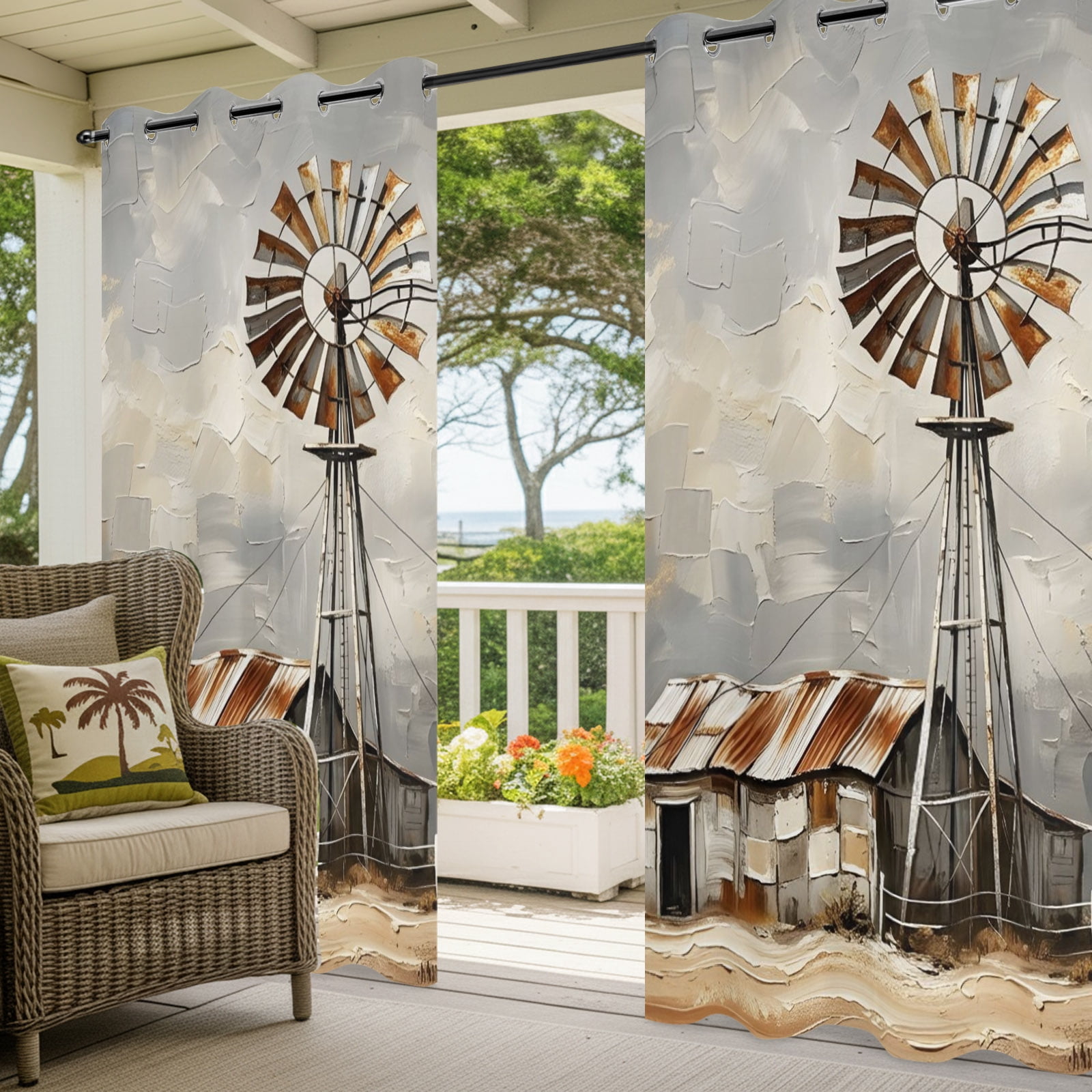 Gray Rustic Windmill Outdoor Curtains for Patio, Farmhouse Country Barn Oil Painting Sunshade Privacy Drapes Grommet Waterproof Outside Curtains for Porch/Cabana/Balcony 54"x 84", 2 Panel