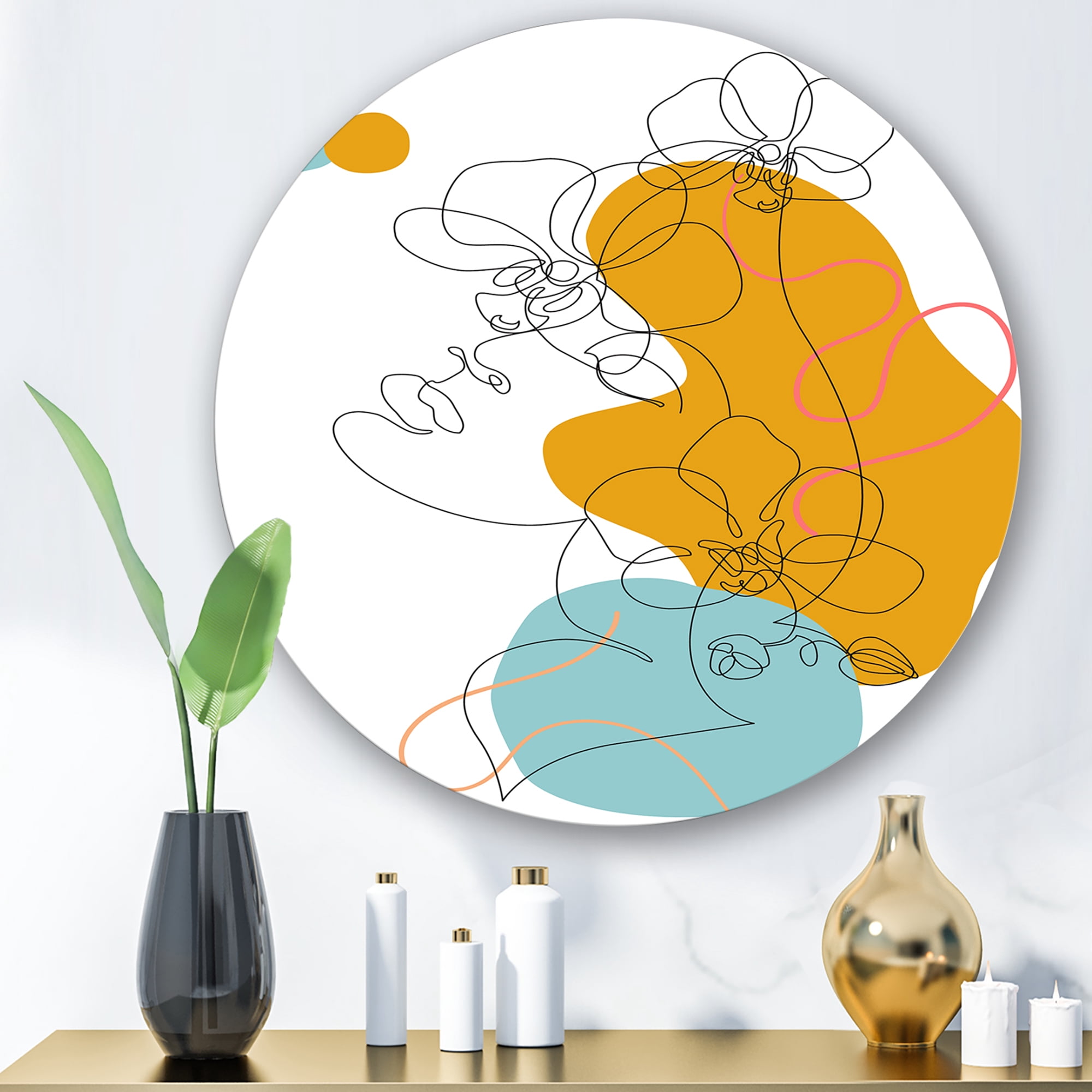 Designart 'Beautiful Woman Portrait With One Line Drawing' Modern Circle Metal Wall Art 23x23 - Disc of 23