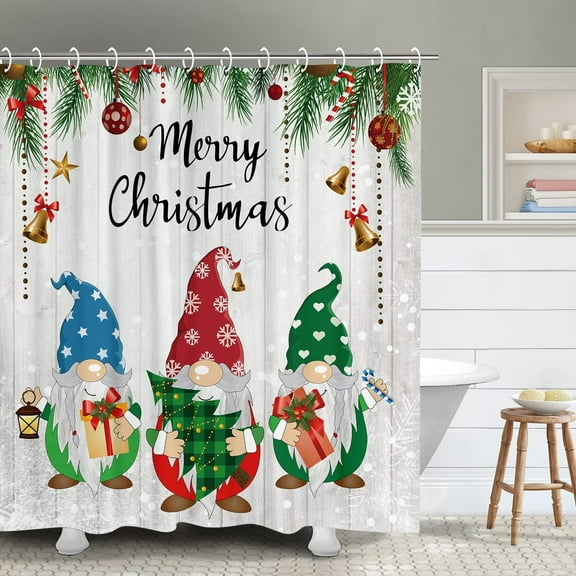 Christmas Gnome Shower Curtain, Christmas Shower Curtains Set with 12 Hooks, Holiday Shower Curtains for Bathroom, Xmas Christmas Bathroom Decor, 72''''W X 72''''H