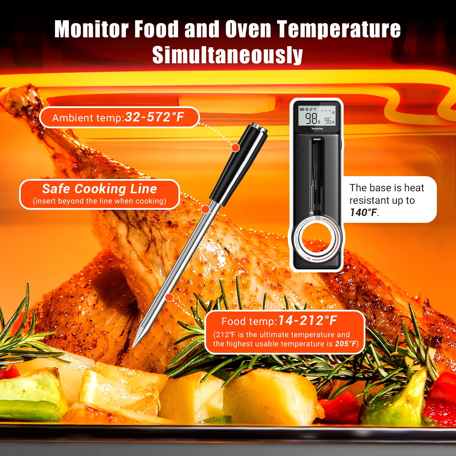 Tempwise Wireless BBQ Cooking Meat Thermometer with Instant Read, HD Screen, 60Min Offline Storage