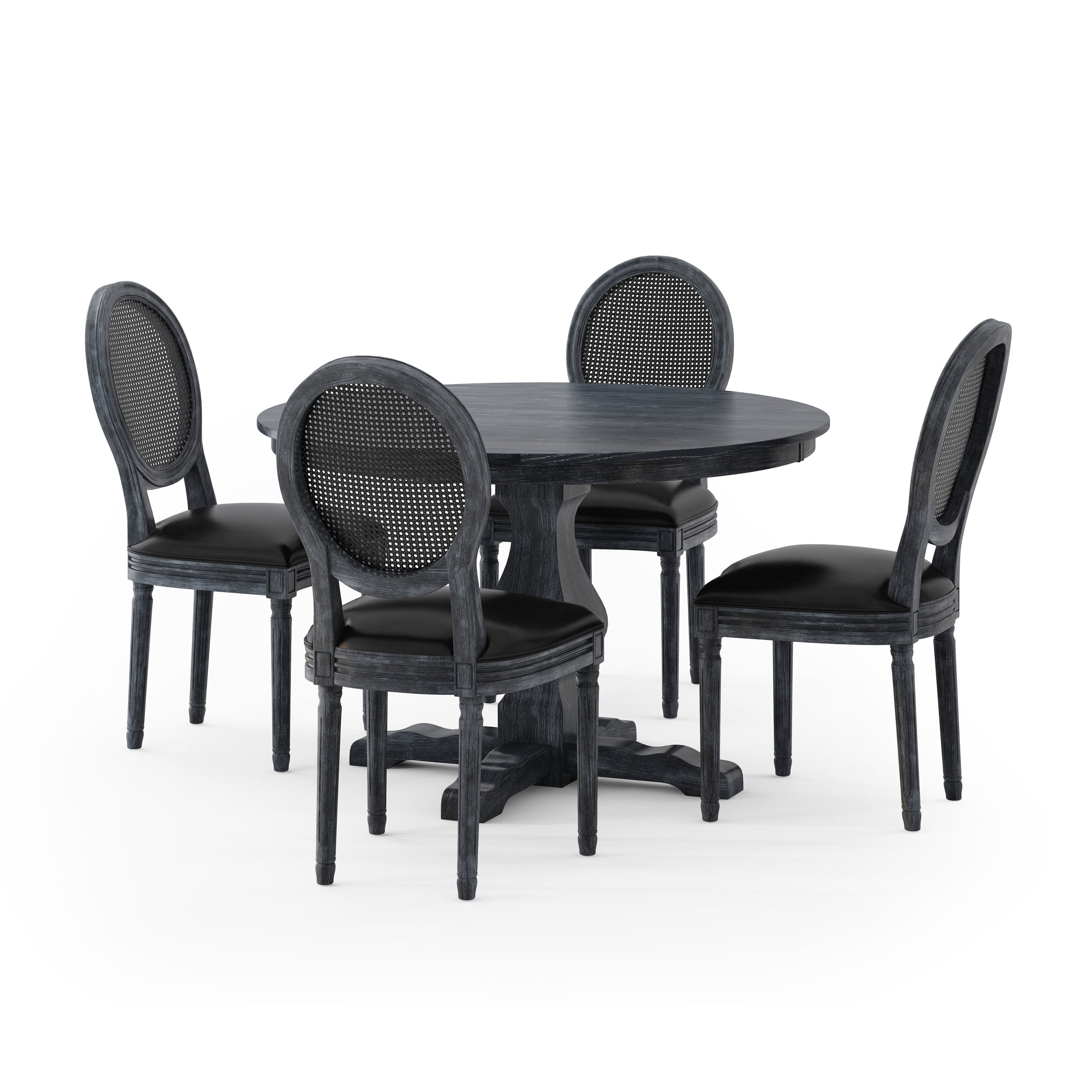 Noble House Joretta Faux Leather Upholstered Wood and Rattan 5 Piece Circular Dining Set, Gray and Midnight Black