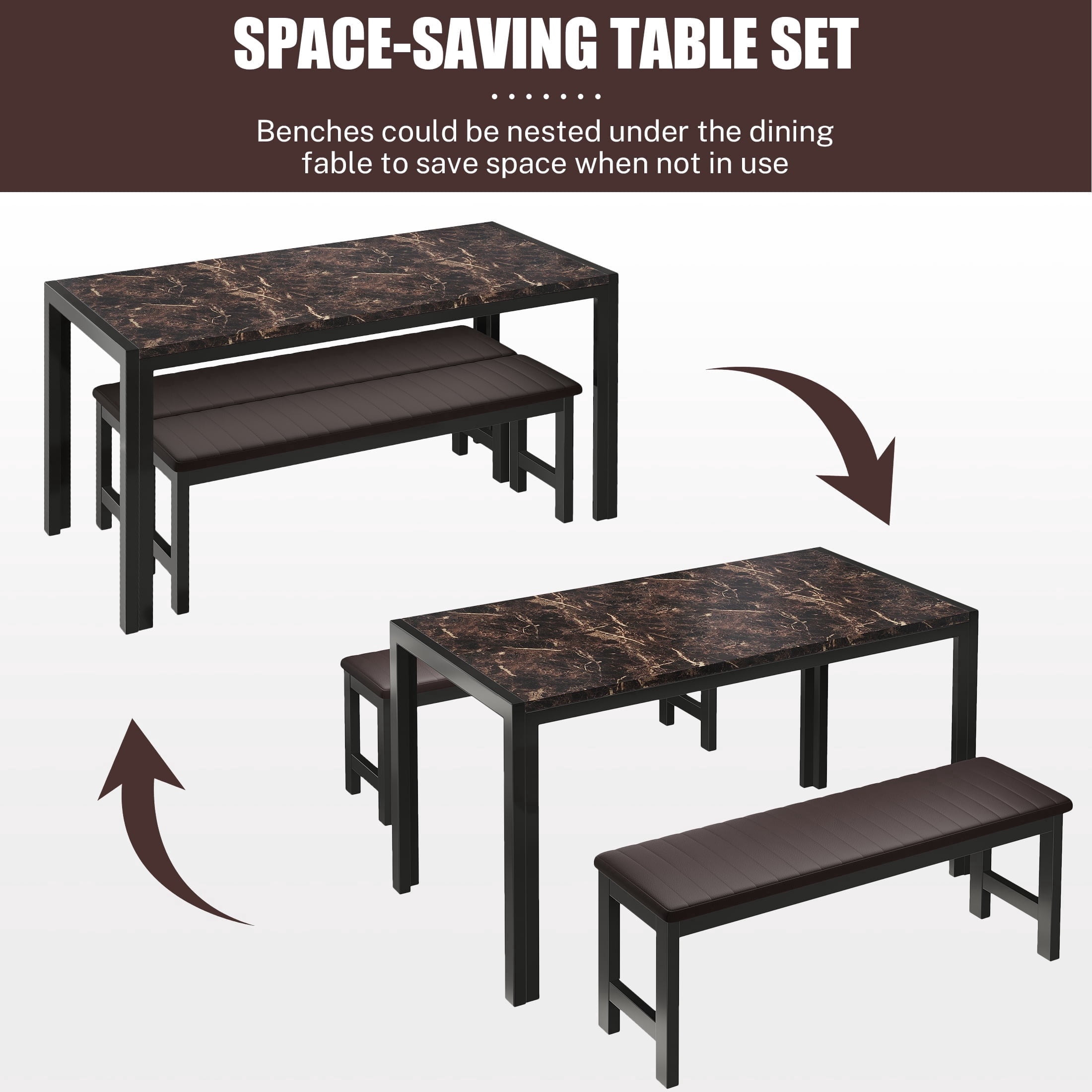 PORKISS Dining Table Set for 4, 3 Piece Kitchen Table Set with 2 PU Leather Benches, Faux Marble Dining Room Table Set, Breakfast Nook Table Set for Small Spaces, Apartment, Brown+Black