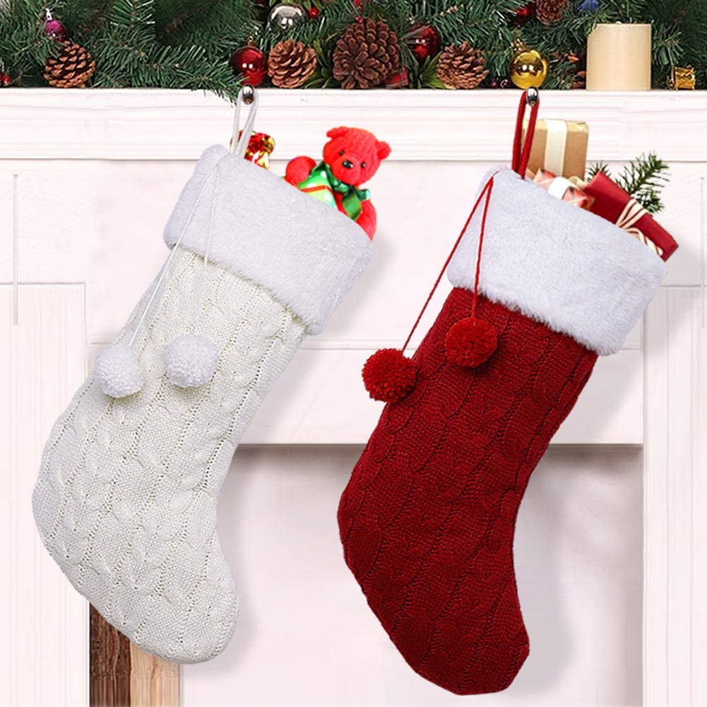 2Pcs Knit Christmas Stockings, 18 Inch Large Rustic Cable Knit Christmas Stockings With Pom Pom For Christmas Decorations (Cream And Burgundy) - Walmart.com
