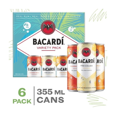 BACARDI Rum Ready to Drink Summer Cocktail Variety Pack, Gluten Free - 355 mL Slim Cans, Pack of 6