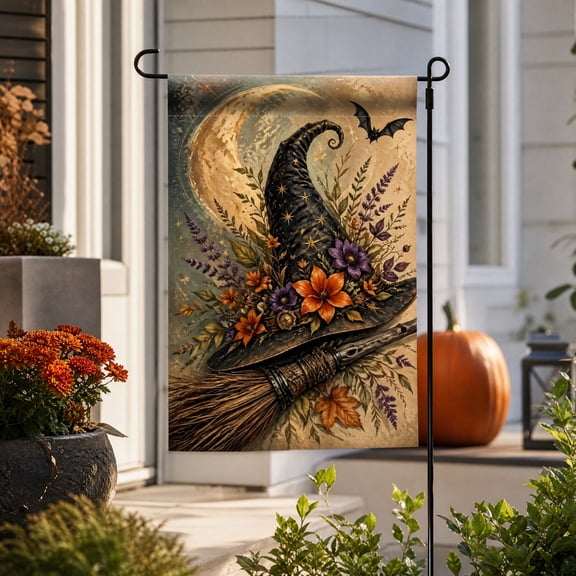 Halloween Decoration Under $15.00! Halloween Double Sided Garden Flag Vintage Witch Hat Brooms Print Outdoor Yard Banners Fall Seasonals Flag For Patio Lawns Farmhouses Front Porch Home Decor
