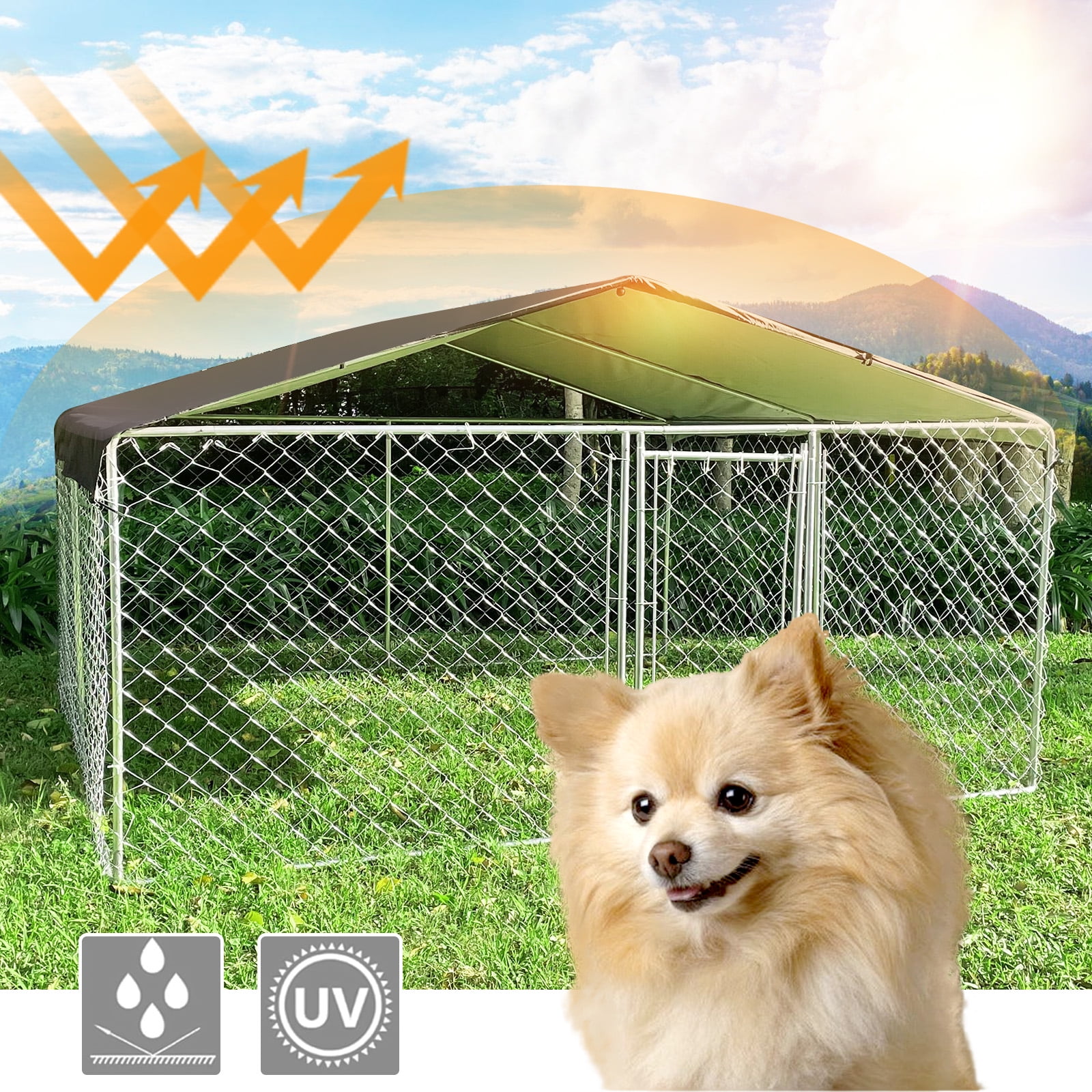 Yamissi 10'x10' Large Outdoor Dog Kennel with Metal Dog Gate, Outside Dog Enclosure with Roof, Heavy Duty Dog Kennel for Backyard Farm