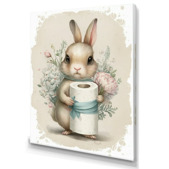 Designart Bunny With Roll Of Toilet Paper And Flowers III Canvas Wall Art
