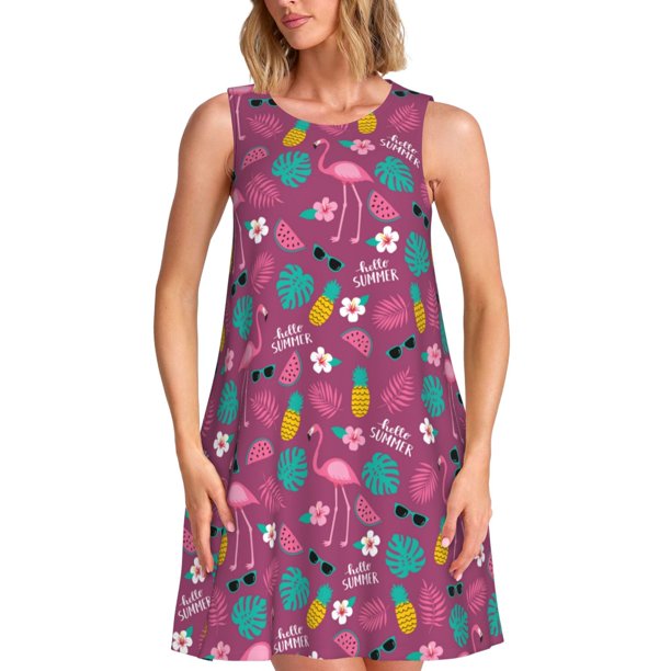 Easygdp Summer Flamingo para Vestido Transpirable de Mujer, Vestido Suelto de Manga Corta con Pliegues y Bolsillos para el Verano