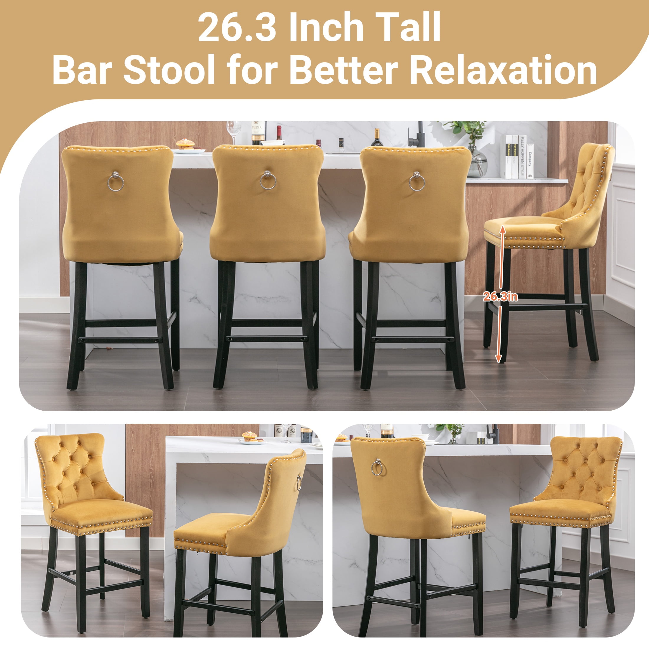 Paproos Upholstered Bar Stools Set of 2, Velvet Barstools with Wood Legs and Tufted, Modern Leisure Counter Height Bar Chairs with Chrome Nailhead Trim for Home Pub and Kitchen Island, Gold