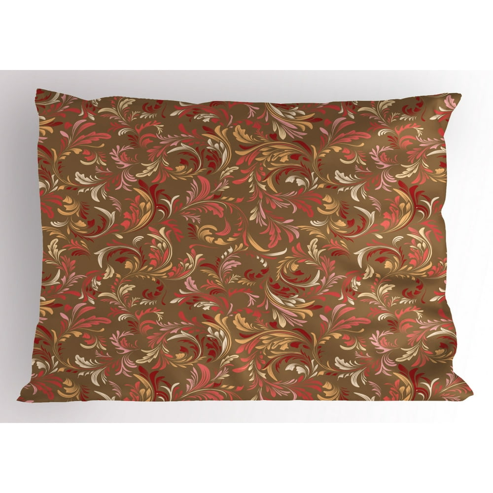 Red and Brown Pillow Sham Old Fashioned Victorian Pattern with Leaves