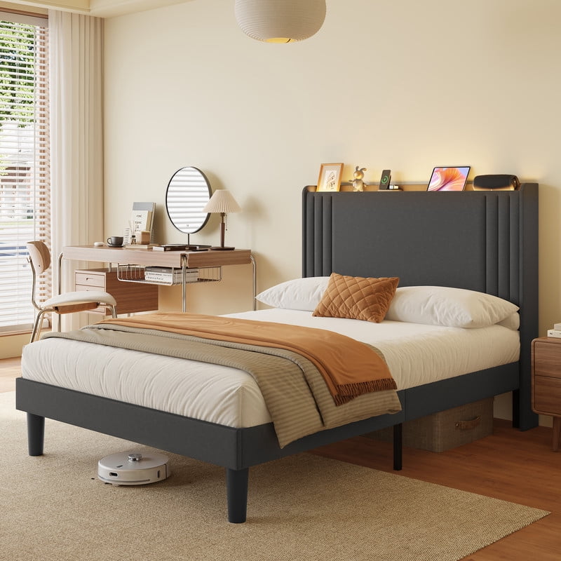 Luxury Wingback Upholstered Platform Bed Frame, Noise-Free & Sturdy, No Box Spring Required, Full Size Bed Dark Grey
