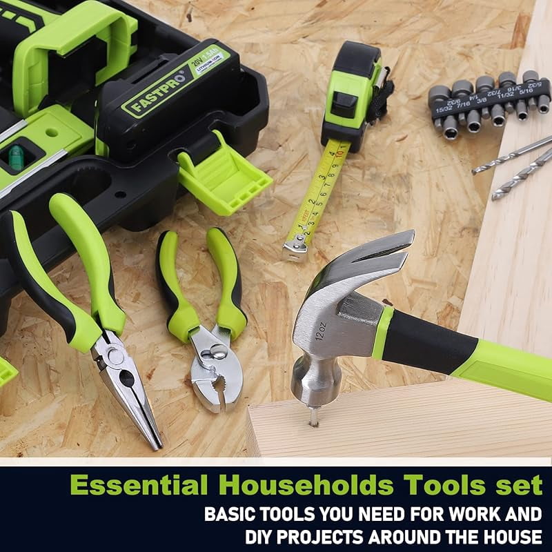 177-Piece 20V Cordless Lithium-ion Drill Driver and Home Tool Set, Household Repairing Kit with in Storage Case, Green
