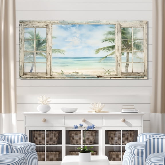Designart "Tropical Beach Horizon Through the Windows II" Oversized Coastal Wall Art - Coastal Green Coastal Windows Living Room Canvas Art